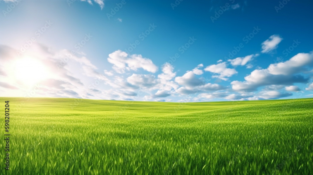 Land scape image of Extensive lawn and blue sky, white clouds and the sun on the horizon. Generative Ai