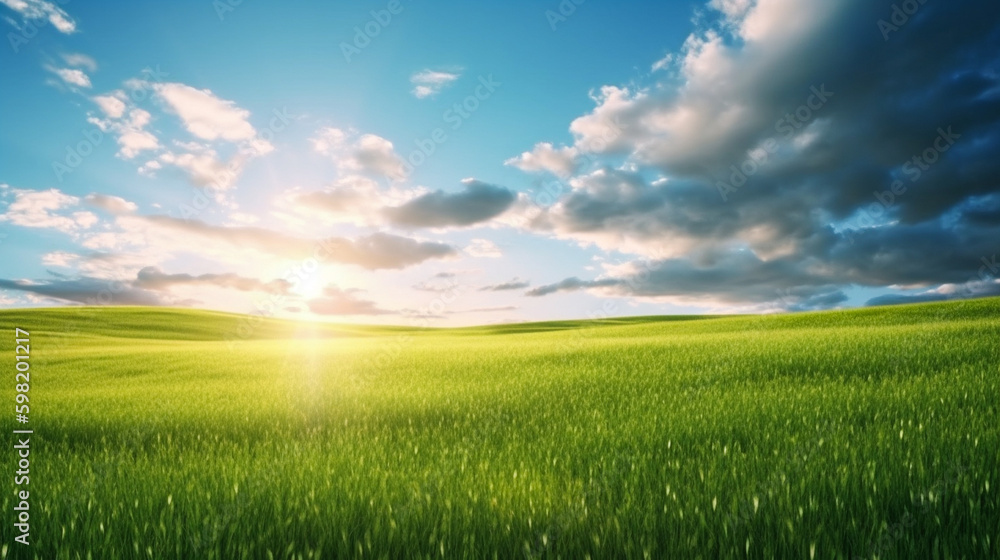 Land scape image of Extensive lawn and blue sky, white clouds and the sun on the horizon. Generative Ai