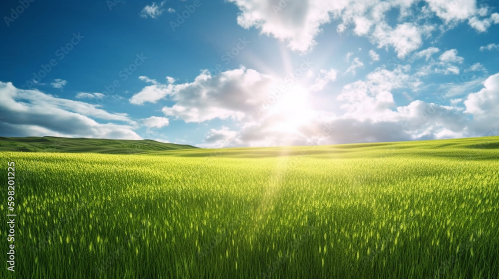 Land scape image of Extensive lawn and blue sky, white clouds and the sun on the horizon. Generative Ai Land scape image of Extensive lawn and blue sky, white clouds and the sun on the horizon. Generative Ai