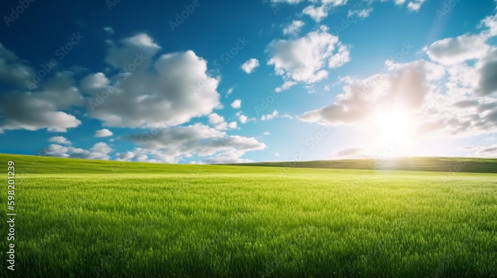 Land scape image of Extensive lawn and blue sky, white clouds and the sun on the horizon. Generative Ai