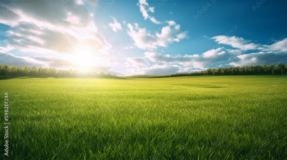 Land scape image of Extensive lawn and blue sky, white clouds and the sun on the horizon. Generative Ai