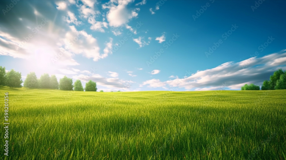 Land scape image of Extensive lawn and blue sky, white clouds and the sun on the horizon. Generative Ai