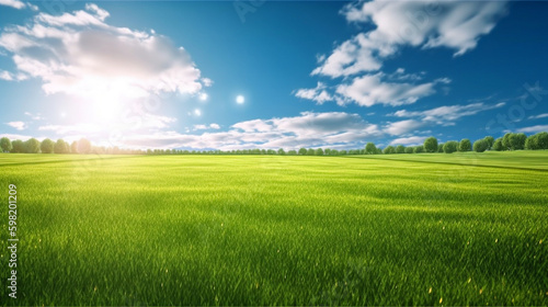 Land scape image of Extensive lawn and blue sky, white clouds and the sun on the horizon. Generative Ai