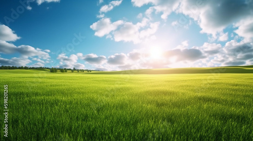 Land scape image of Extensive lawn and blue sky  white clouds and the sun on the horizon. Generative Ai