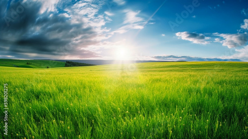 Land scape image of Extensive lawn and blue sky  white clouds and the sun on the horizon. Generative Ai