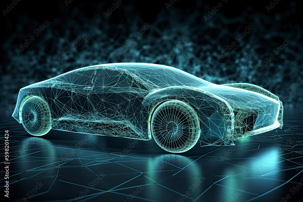 Naklejka premium Augmented reality of wireframe car concept on the road and futuristic city on the background. Professional 3d rendering