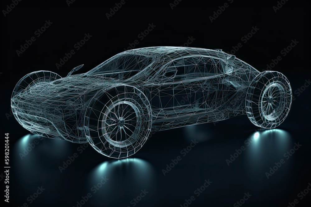 Naklejka premium Augmented reality of wireframe car concept on the road and futuristic city on the background. Professional 3d rendering