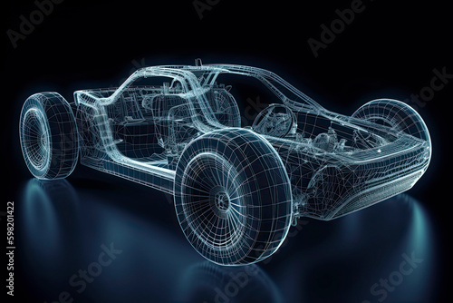 Augmented reality of wireframe car concept on the road and futuristic city on the background. Professional 3d rendering