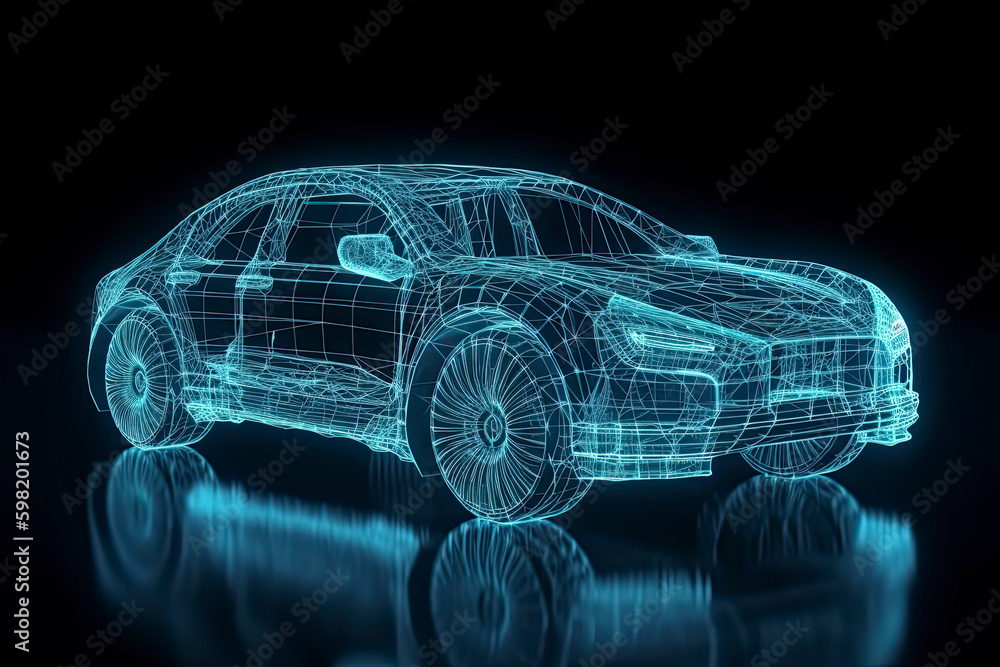 Naklejka premium Augmented reality of wireframe car concept on the road and futuristic city on the background. Professional 3d rendering