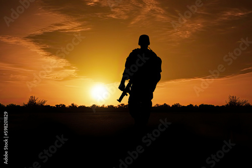 A black silhouette of an american soldier patrolling the sunset
