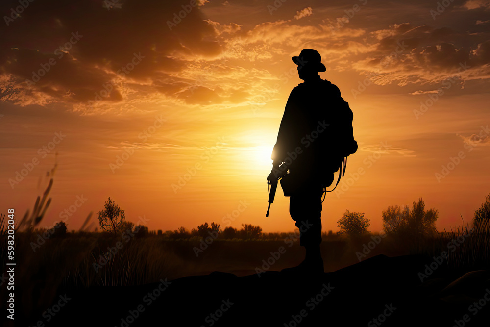A black silhouette of an american soldier patrolling the sunset - obrazy, fototapety, plakaty 