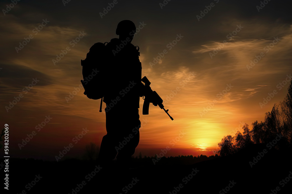 A black silhouette of an american soldier patrolling the sunset A black silhouette of an american soldier patrolling the sunset