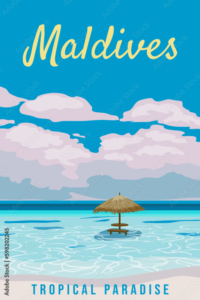 Maldives travel poster tropical resort vintage - obrazy, fototapety, plakaty 