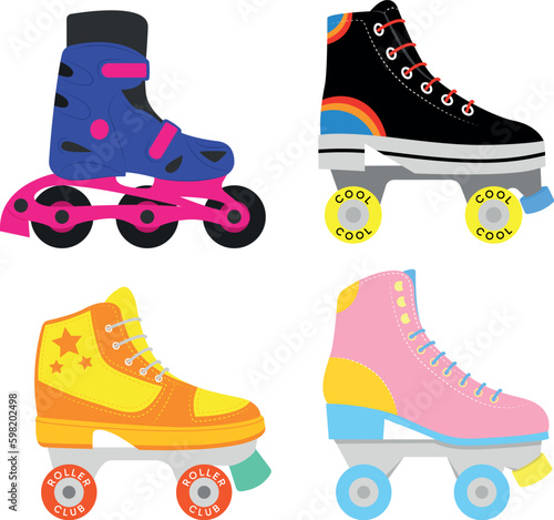 Set of colored roller shoes in cartoon style. Vector illustration of various beautiful roller shoes with bright design and lettering isolated on white background. Roller skates for leisure or sports.