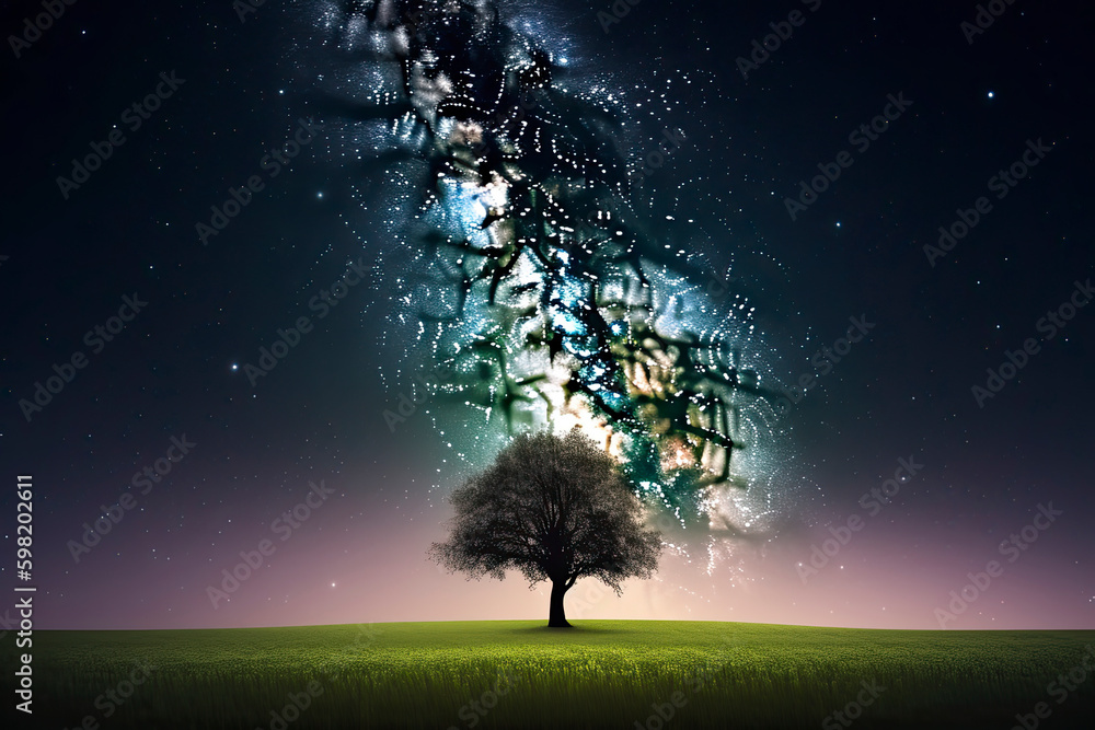 A single tree in a field with beautiful space background A single tree in a field with beautiful space background