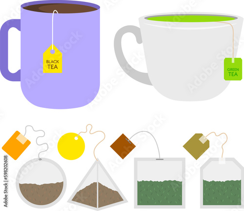 Set of delicious black and green tea in cartoon style. Vector illustration of cups with black and green tea, and various tea bags isolated on a white background. Hot drinks.