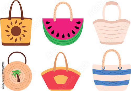 Set of cute beach bags in cartoon style. Vector illustration of summer bags for women on vacation with various designs and different shapes isolated on white background. Trendy bag for shopping.