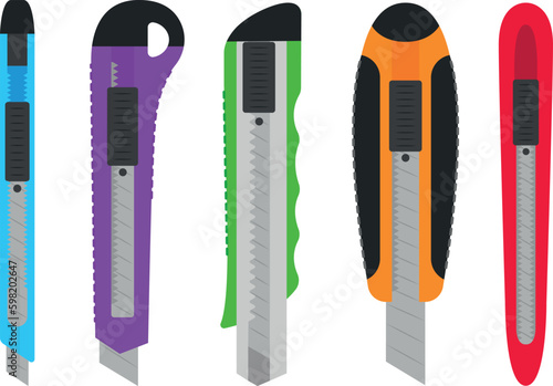 Set of colored office knives in a cartoon style. Vector illustration of office supplies, a variety of office knives with a narrow and wide blade isolated on a white background. Paper cutting.