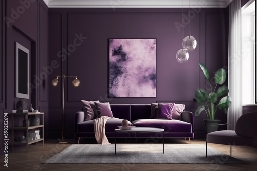 Purple Living Room Interior - Cozy and Sophisticated Space Created with Generative AI