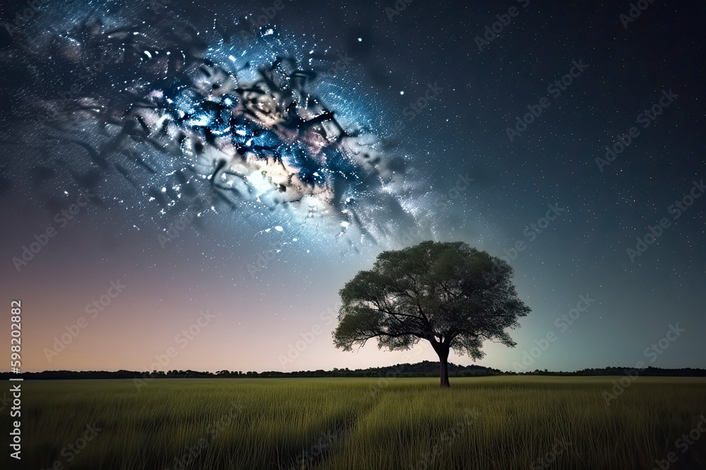 A single tree in a field with beautiful space background