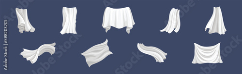 Fluttering White Cloth or Fabric Isolated on Blue Background Vector Set