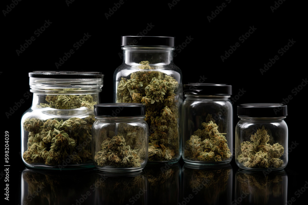 Assorted cannabis bud strains and glass jars isolated on black background Assorted cannabis bud strains and glass jars isolated on black background