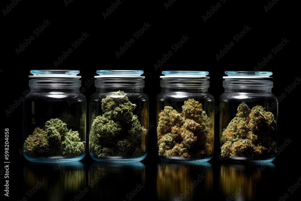 Assorted cannabis bud strains and glass jars isolated on black background Assorted cannabis bud strains and glass jars isolated on black background
