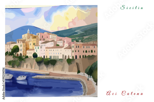 Aci Catena: Poster with the name of the Italian city Aci Catena and a water color illustration photo