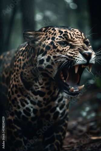 Wild Jaguar panthera roaring aggressively. Jungle forest running generative ai © Roman