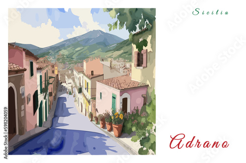 фотографія Adrano: Poster with the name of the Italian city Adrano and a water color illust