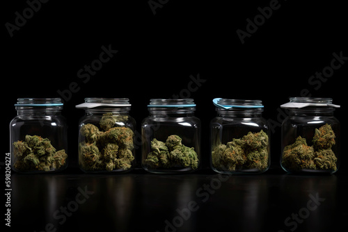 Assorted cannabis bud strains and glass jars isolated on black background