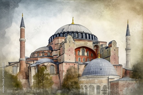 Watercolor sketch of Istanbul's Hagia Sophia. Generative AI photo