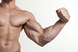 Body builder flexing his biceps (internal side) on white background
