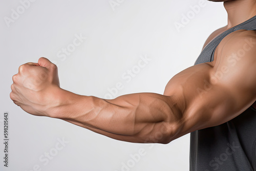 Tableau sur toile Body builder flexing his biceps (internal side) on white background