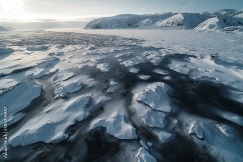 Aerial view of Iceland's winter landscape captured by a drone. Generative AI