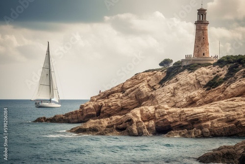 A lighthouse, sailboat, and cliffs on the shore of the Mediterranean in Torredembarra, Tarragona, Catalonia, Spain. Generative AI © Tamsin