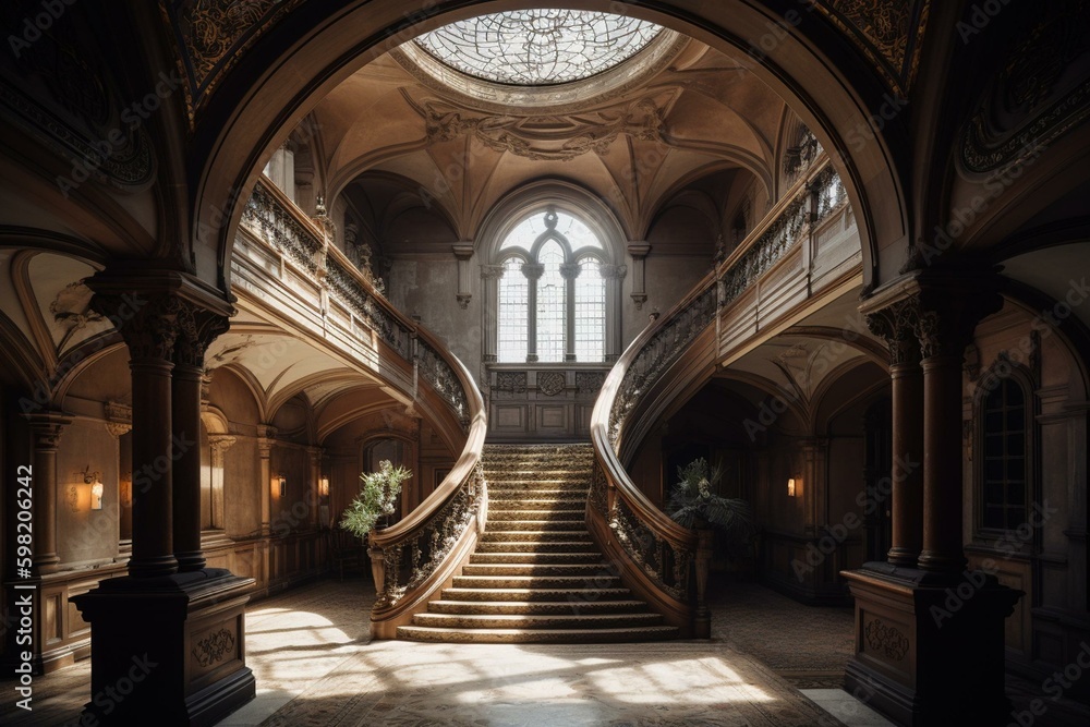 Illustration of a luxurious castle hall with archways, windows, and stairs. Generative AI