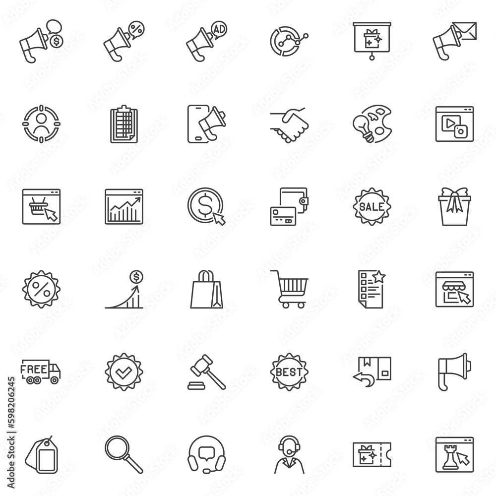 Marketing and advertising line icons set Marketing and advertising line icons set