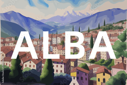 Alba: Beautiful painting of an Italian village with the name Alba in Piedmont