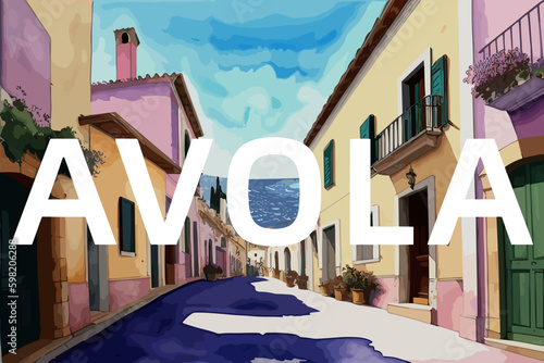 Avola: Beautiful painting of an Italian village with the name Avola in Sicilia