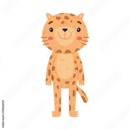 Cute Little Jaguar with Spotted Fur Standing and Smiling Vector Illustration