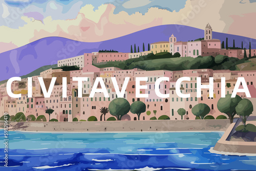 Tableau sur toile Civitavecchia: Beautiful painting of an Italian village with the name Civitavecc