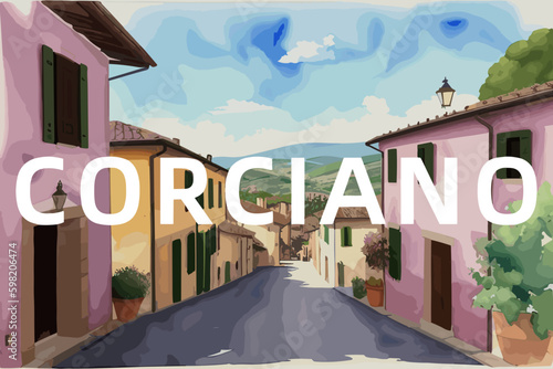 Corciano: Beautiful painting of an Italian village with the name Corciano in Umbria photo