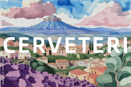 Cerveteri: Beautiful painting of an Italian village with the name Cerveteri in Lazio