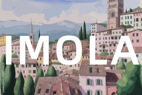 Imola: Beautiful painting of an Italian village with the name Imola in Emilia-Romagna