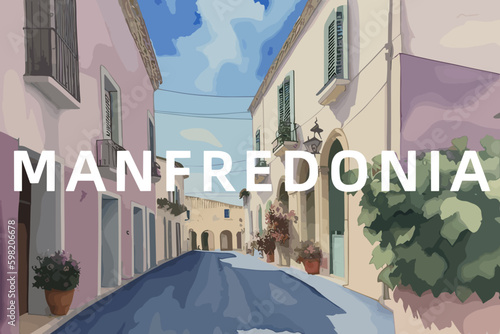 Tableau sur toile Manfredonia: Beautiful painting of an Italian village with the name Manfredonia