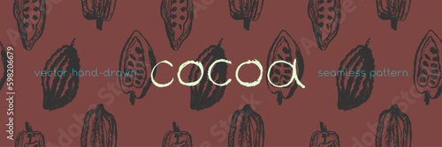 Cocoa beans seamless pattern. Vector hand-drawn Cacao beans background for chocolate packaging ornament or powder. Old-fashioned cocoa plant illustrations for Bean to Bar label. Organic cacao butter.