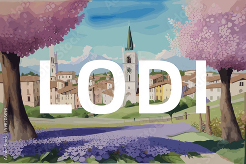 Lodi: Beautiful painting of an Italian village with the name Lodi in Lombardy