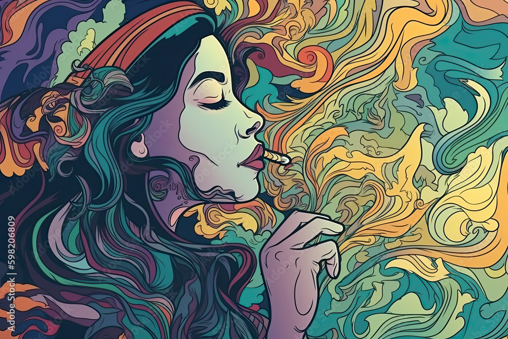 Colourful psychedelic line art with the abstract smoking woman. Cigarette - obrazy, fototapety, plakaty 