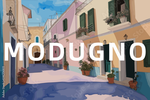 Modugno: Beautiful painting of an Italian village with the name Modugno in Puglia